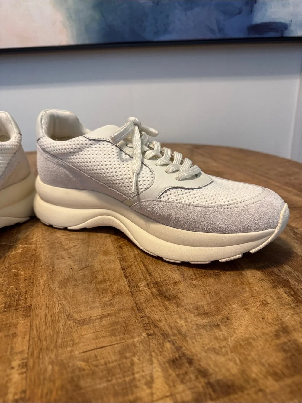 Tory Burch Cream and Light Gray Suede Mesh Platform Sneakers